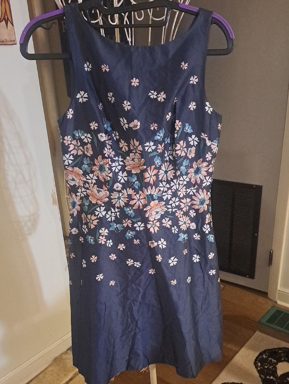LOFT Gray Floral Midi Dress with Pink and Blue Print